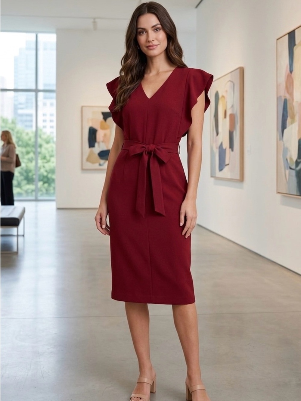 ELIZA J Red Ruffle Sleeve Crepe Sheath Dress Size 6